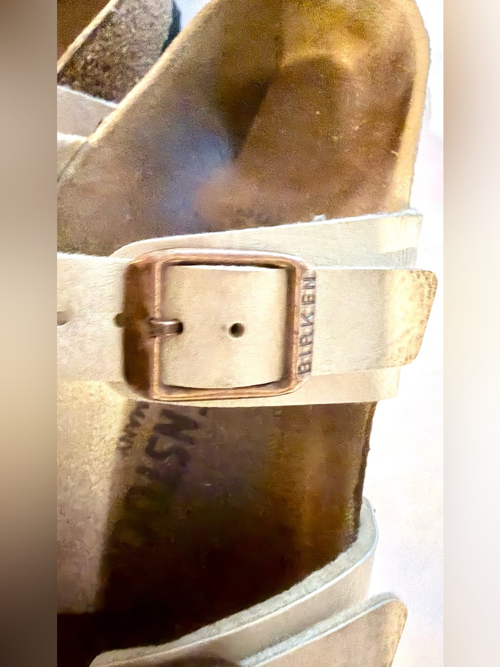 Birkenstock Metallic Cream Cross-Strap Sandals with Rose Gold Buckles - Picture 3 of 14